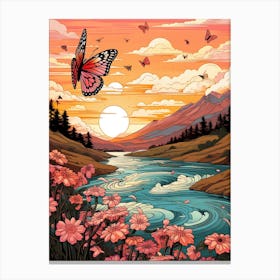 Butterflies At Sunset By The River Japanese Style Painting 4 Canvas Print
