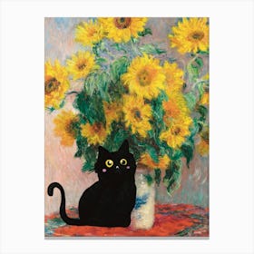 Black Cat With Sunflowers Canvas Print