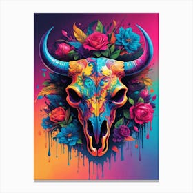 Floral Bull Skull Neon Iridescent Painting (16) Canvas Print