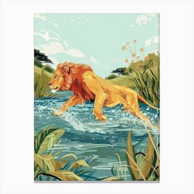 African Lion Crossing A River Illustration 2 Canvas Print