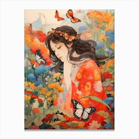 Person In The Meadow With Butterflies Japanese Style Painting Canvas Print