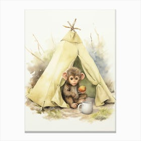 Monkey Painting Camping Watercolour 1 Canvas Print