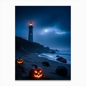 Jack O Lanterns Emanating Ethereal Glow Arrayed On A Shadowy Beach Misty Coastal Backdrop Myster (4) Canvas Print