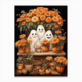 Cute Bedsheet Ghost, Botanical Halloween Watercolour 58 Canvas Print