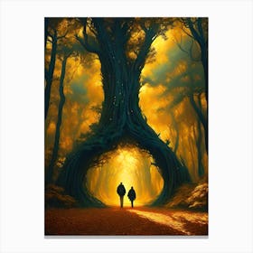 Two People Walking Through A Forest Canvas Print