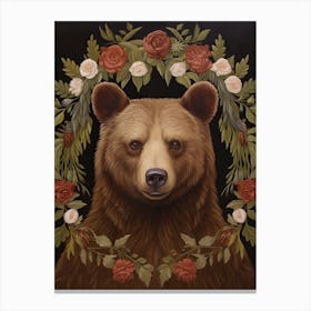 Brown Bear Portrait With Rustic Flowers 3 Canvas Print