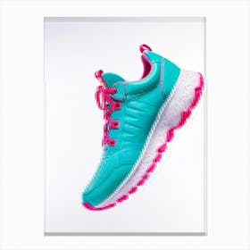 Turquoise And Pink Leather Sneaker Magic Infused Jumping Sole Visible Hovering Against A Stark Whi Canvas Print