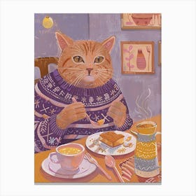 Brown Cat Having Breakfast Folk Illustration 4 Canvas Print