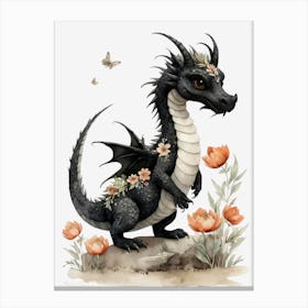 Cute Black Baby Dragon Flowers Painting (1) Canvas Print