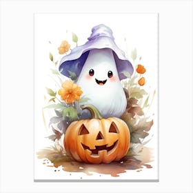 Cute Ghost With Pumpkins Halloween Watercolour 153 Canvas Print