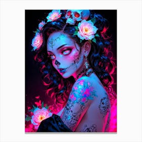 Mexican girl with skull flowers, tattoos, and neon flair. Sexy flower girl in day of the dead style. A beautiful anime girl, blending cute and spooky Halloween vibes. Canvas Print