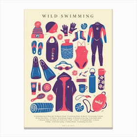 Retro Wild Swimming Kit Art Print in Blue, Pink and Cream | Vintage Open Water Swim Poster | Sport and Outdoor Nostalgic Graphic Illustration Canvas Print