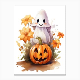Cute Ghost With Pumpkins Halloween Watercolour 67 Canvas Print