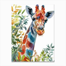 Watercolour Giraffe Head In The Leaves 1 Canvas Print