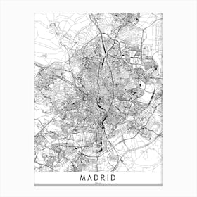 Madrid White Map Canvas Print