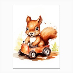 Baby Squirrel On A Toy Car, Watercolour Nursery 0 Canvas Print