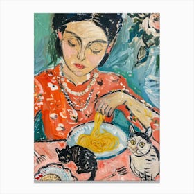 Portrait Of A Woman With Cats Eating Spaghetti 2 Canvas Print