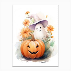 Cute Ghost With Pumpkins Halloween Watercolour 6 Canvas Print