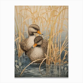 Two Ducklings Japanese Woodblock Style  3 Canvas Print