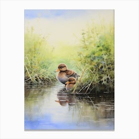 Ducklings In Lake Watercolour 3 Canvas Print