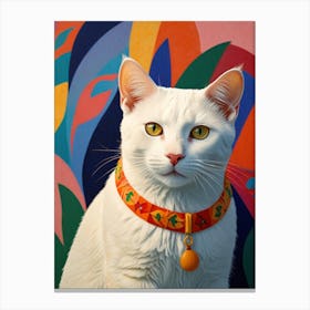 White Cat With A Colorful Collar Canvas Print