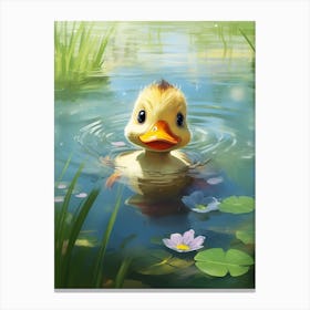 Cute Cartoon Duckling Swimming In The Pond 4 Canvas Print