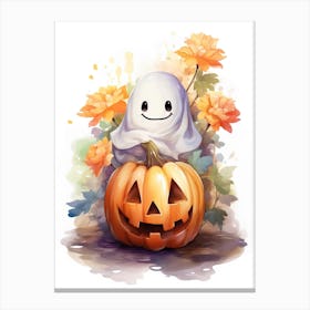 Cute Ghost With Pumpkins Halloween Watercolour 31 Canvas Print