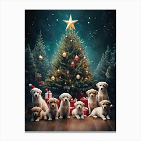 Christmas Puppies by Christmas Tree Canvas Print