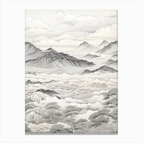 Aso Caldera In Kumamoto, Ukiyo E Black And White Line Art Drawing 2 Canvas Print