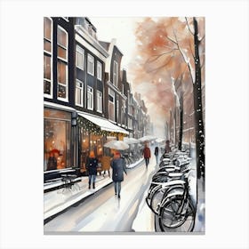 Amsterdam cafes, winter season, Christmas, autumn oil colors, pale colors, pedestrians in the street, winter clothes, falling snow.1 1 Canvas Print