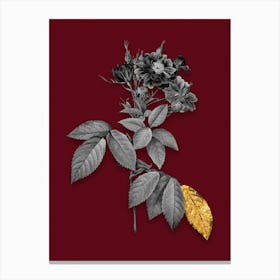 Vintage Boursault Rose Black and White Gold Leaf Floral Art on Burgundy Red n.0921 Canvas Print