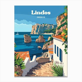 Lindos Greece Island Art Illustration Canvas Print