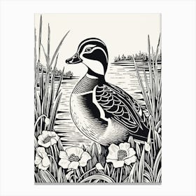 B&W Bird Linocut Wood Duck 4 Canvas Print