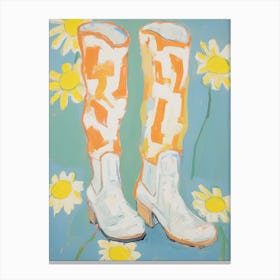 Painting Of White Flowers And Cowboy Boots, Oil Style 10 Canvas Print