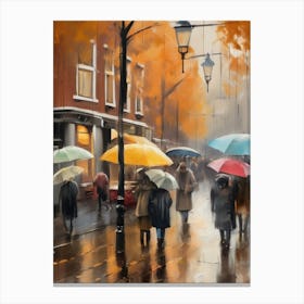 Amsterdam cafes, autumn season, rain, autumn oil colours.Faded colours,People passing on the street, winter clothes, rain umbrellas.11 1 Canvas Print