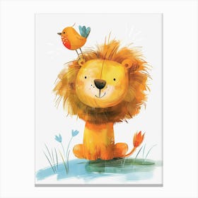 Small Joyful Lion With A Bird On Its Head 16 Canvas Print