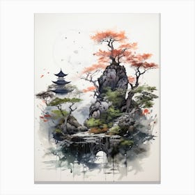 Rikugien Garden In Tokyo, Japanese Brush Painting, Ukiyo E, Minimal 4 Canvas Print