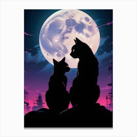 Two Black Cats Silhouettes Under A Full Moon Canvas Print