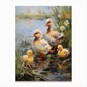 Duck Family In The Grass Canvas Print