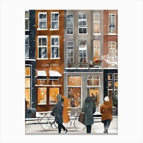 Amsterdam cafes, winter season, Christmas, autumn oil colors, pale colors, pedestrians in the street, winter clothes, falling snow.5 3 Canvas Print