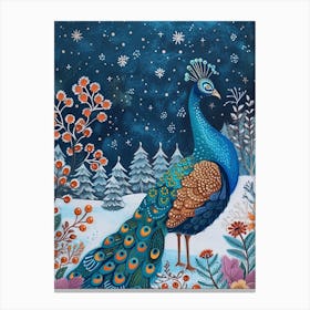 Folky Peacock In A Snow Scene 1 Canvas Print