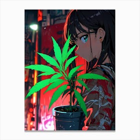 Anime Girl With Marijuana Plant Canvas Print