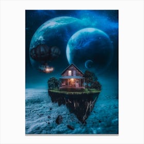 Rock Floating Wood House In Space Canvas Print
