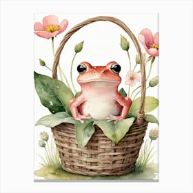 Cute Pink Frog In A Floral Basket (30) Canvas Print