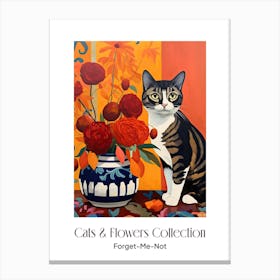 Cats & Flowers Collection Forget Me Not Flower Vase And A Cat, A Painting In The Style Of Matisse 1 Canvas Print