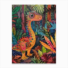 Colourful Dinosaur In The Leaves 2 Canvas Print