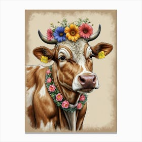 Cow With Flowers Canvas Print