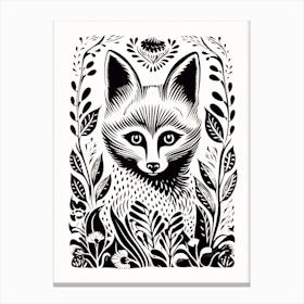 Fox In The Forest Linocut White Illustration 20 Canvas Print