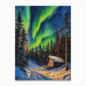 The Northern Lights - Aurora Borealis Rainbow Winter Snow Scene of Lapland Iceland Finland Norway Sweden Forest Lake Watercolor Beautiful Celestial Artwork for Home Gallery Wall Magical Etheral Dreamy Traditional Christmas Greeting Card Painting of Heavenly Fairylights 10 Canvas Print
