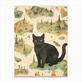 Black Cat On A Medieval Map Canvas Print